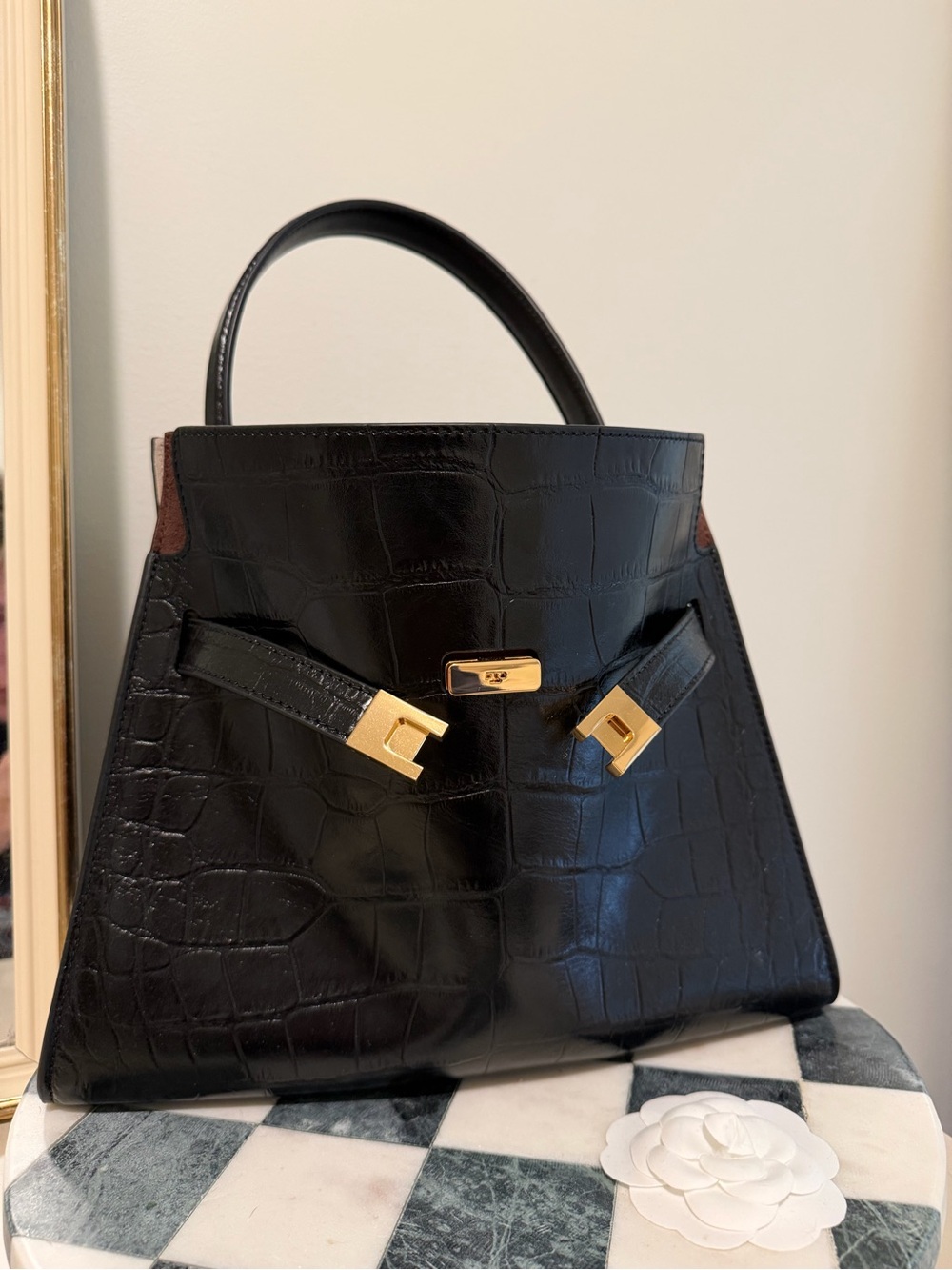 Tory Burch Black Croc-Embossed Top-Handle Bag with Gold Hardware - Picture 8 of 8